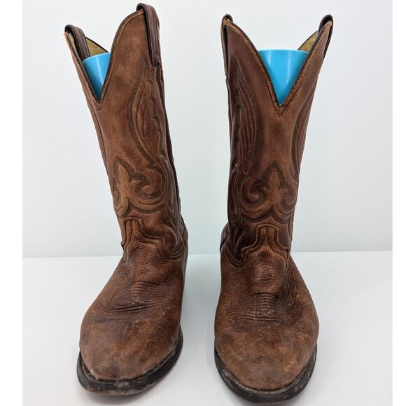 Vintage Brown Leather Western Cowboy Boots Mens Size 10D Made in USA Distressed main image 5